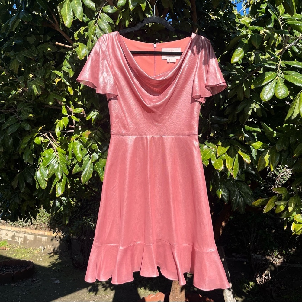 GAL MEETS GLAM pink metallic flutter draped cowl neck short sleeve mini dress